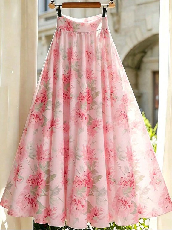 Womens Pink Floral A-Line Maxi Skirt, Summer Flowing Print Skirt