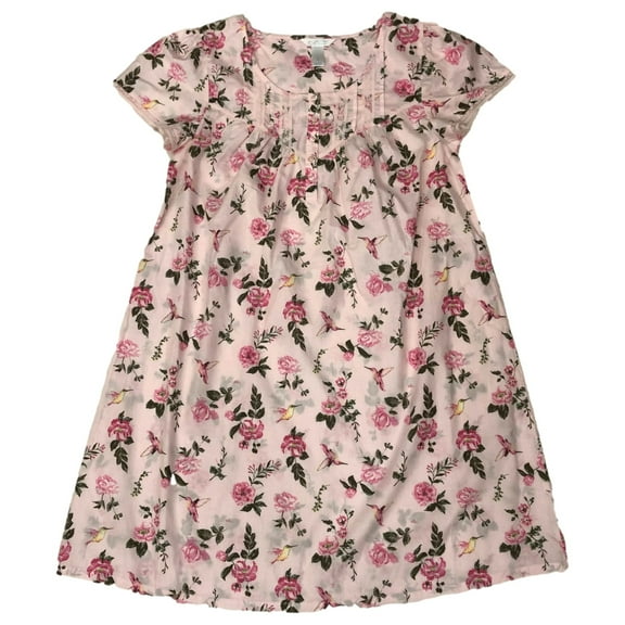 Womens Pink Floral Bird Print Short Sleeve Nightgown Night Gown Small