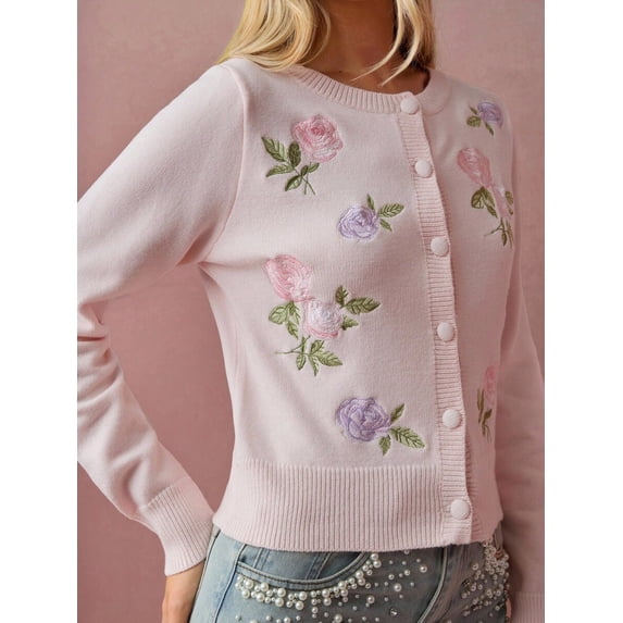 Womens Pink Floral Embroidered Knit Cardigan, Long Sleeve Button Closure
