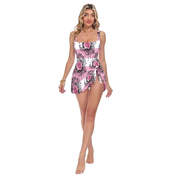 Womens Pink Floral Lattice Print 2-in-1 Swim Dress Detachable Skirt One-Piece Swimsuit Square Neck S-XXL