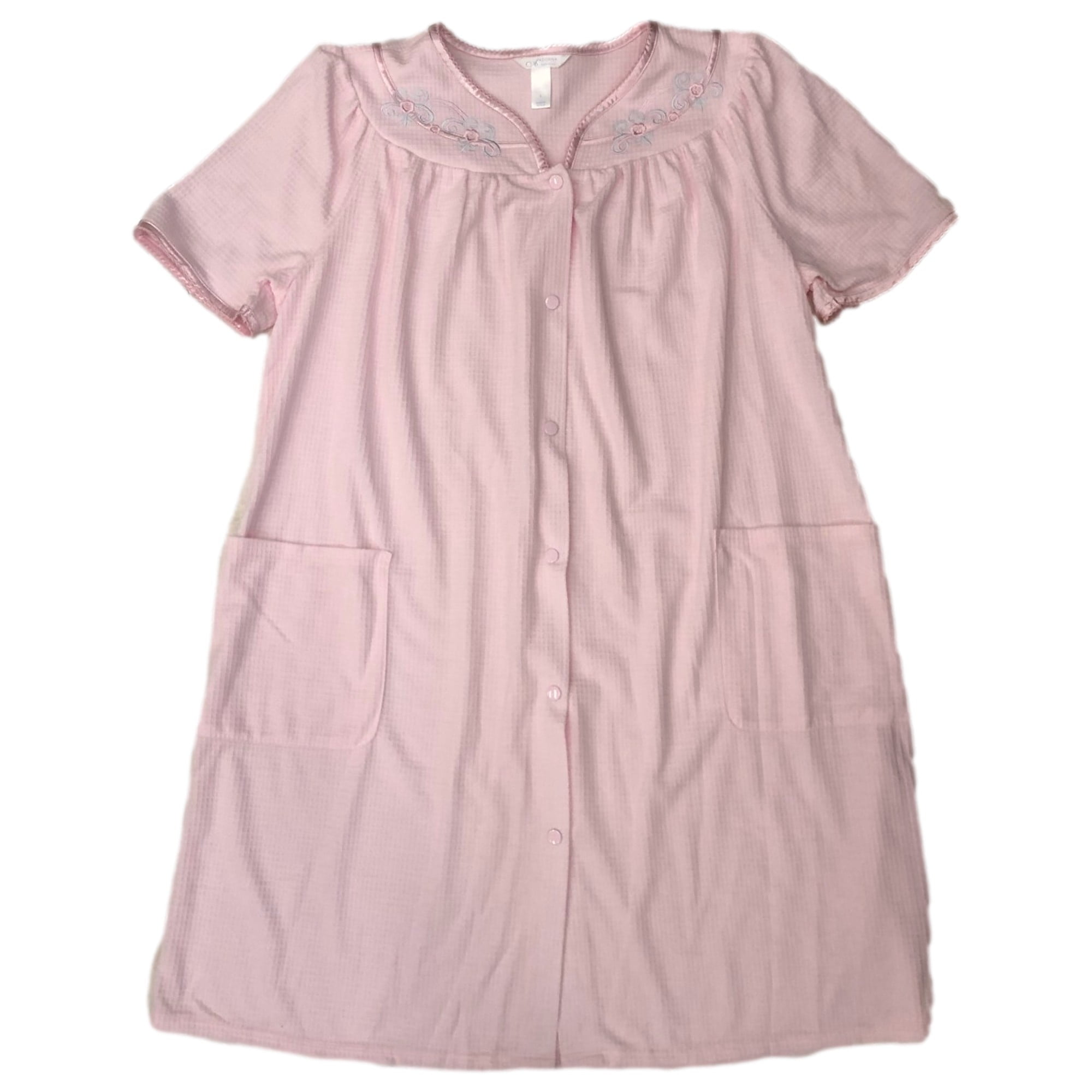 Womens Pink Waffle Knit Duster Snap Front Nightgown Night Gown