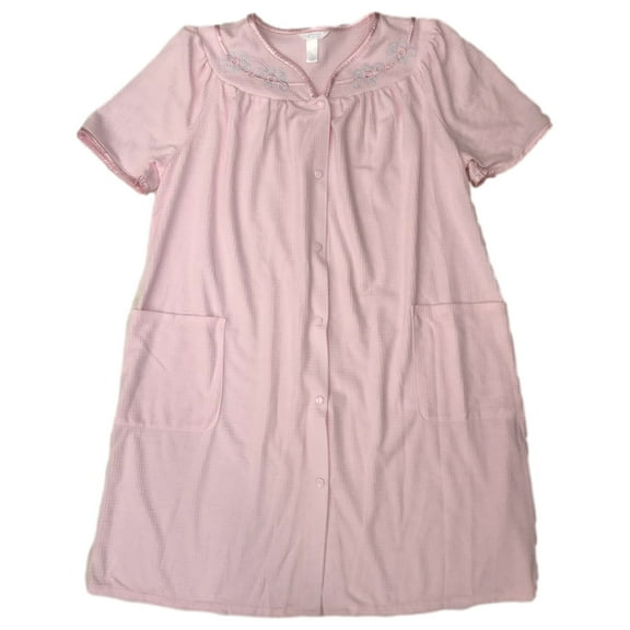 Womens Pink Waffle Knit Duster Snap Front Nightgown Night Gown Large