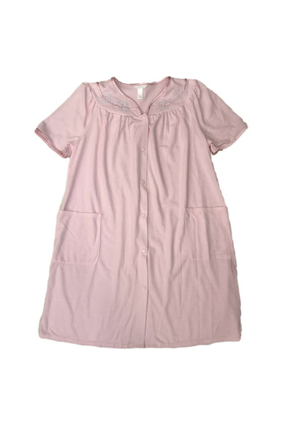 Womens Pink Waffle Knit Duster Snap Front Nightgown Night Gown Large