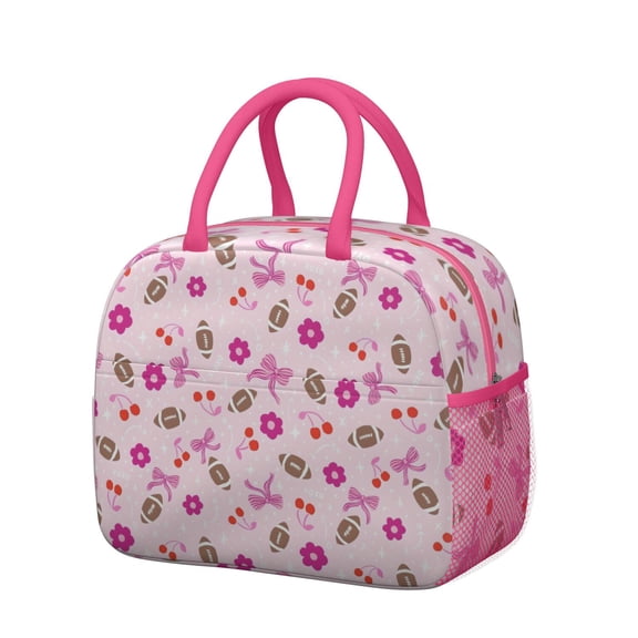 Womens Pink Football and Flowers Pattern Lunch Box for Work,Insulated Lunch Bag for Women,Loncheras Para Mujer,Leakproof Adult Lunch Bag for Work,Beach,Travel,Picnic,Camping