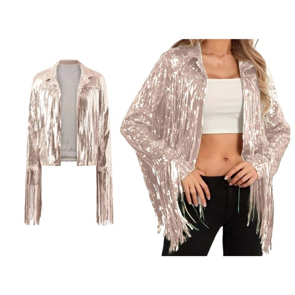 Womens Pink Fringe Jacket Long Sleeve Womens Fringe Jacket Sequin Jacket for Women