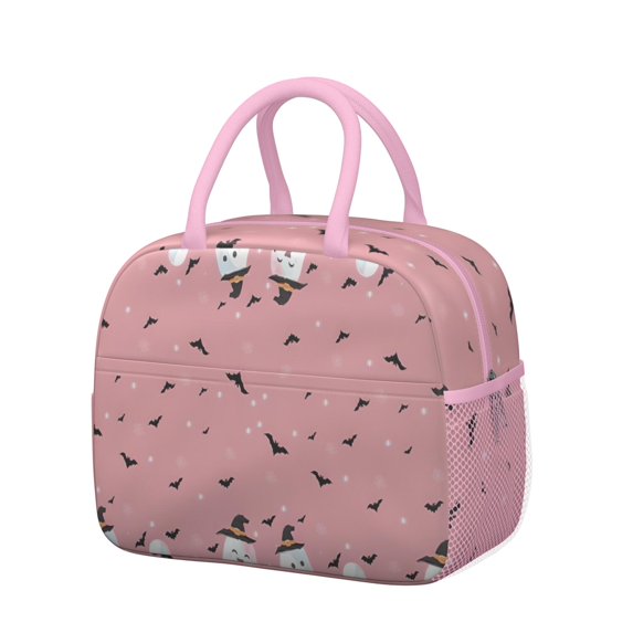 Womens Pink Ghost Bat Halloween Pattern Lunch Box for Work,Insulated Lunch Bag for Women,Loncheras Para Mujer,Leakproof Adult Lunch Bag for Work,Beach,Travel,Picnic,Camping