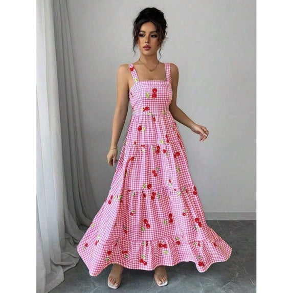 Womens Pink Gingham & Cherry Print Tiered Ruffle Slip Dress For Vacation