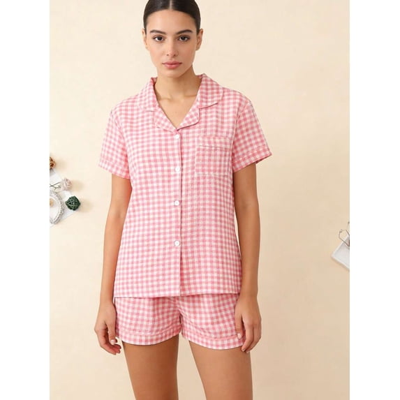 Womens Pink Gingham Pajama Set With Short Sleeve Top & Shorts, Notch Collar, Button Front, Cotton Blend