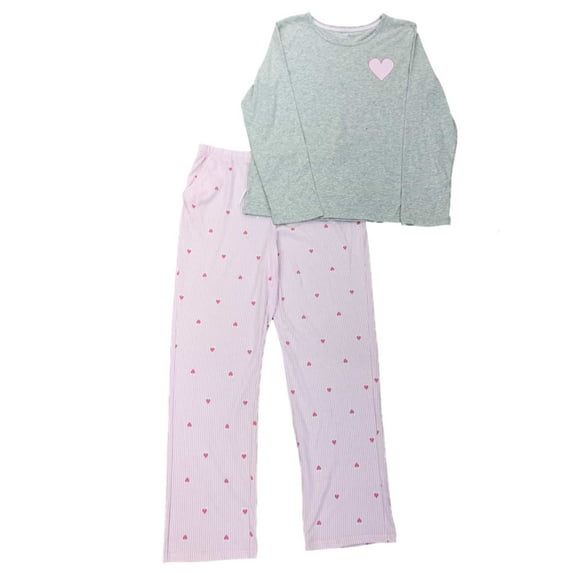 Womens Pink & Gray 2PC Soft Pajama Sleep Set Valentines Day Stripes & Hearts L