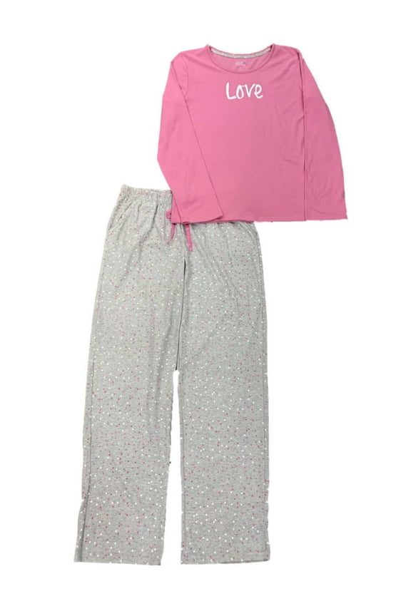 Womens Pink & Gray Love 2PC Pajama Sleep Set Valentines Day Hearts Medium
