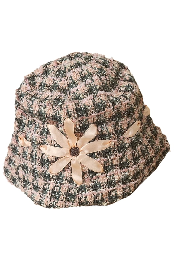 Womens Pink & Gray Tweed Daisy Bucket Hat Cap