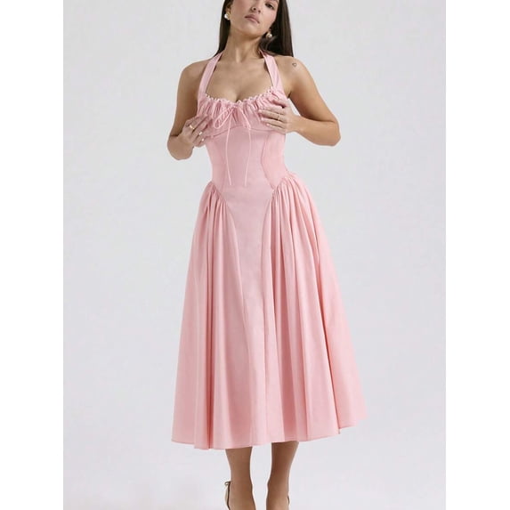 Womens Pink Halter-Neck Fit-And-Flare Midi Dress With Ruched Bodice And Adjustable Straps