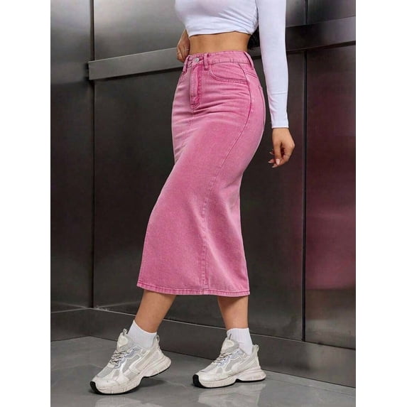 Womens Pink High-Waist Slim Fit Denim Midi Skirt With Side Split