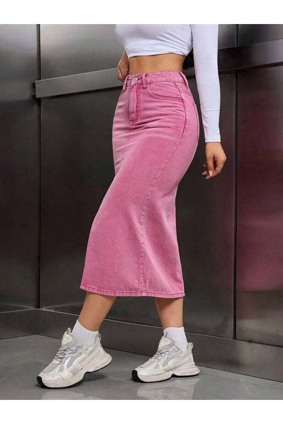 Womens Pink High-Waist Slim Fit Denim Midi Skirt With Side Split