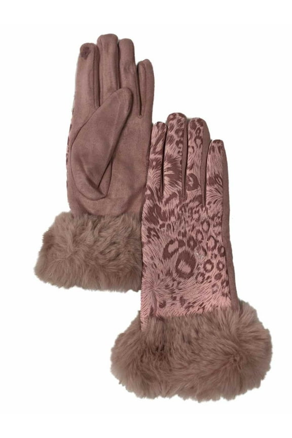 Womens Pink Leopard Print Faux Fur Stretch Fit Text & Tech Touchscreen Gloves