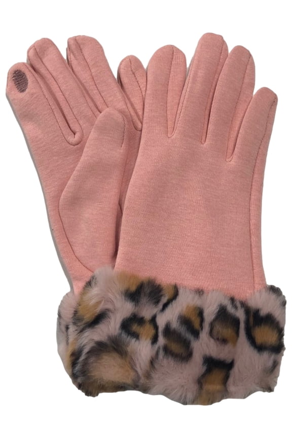 Womens Pink Leopard Print Faux Fur Stretch Fit Texting & Tech Touchscreen Gloves