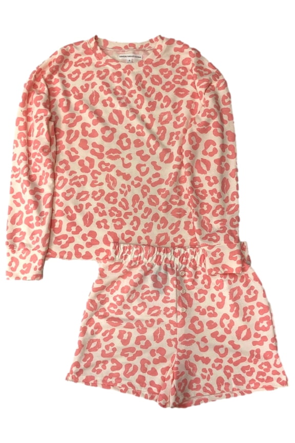 Womens Pink Leopard Print Kiss Pajamas Long Sleeve Tee & Shorts Sleep Set Small