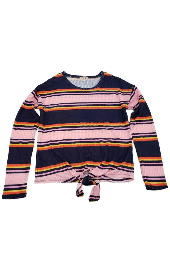 Womens Pink & Navy Blue Stripe Tie Front Long Sleeve T-Shirt Tee Shirt Top S