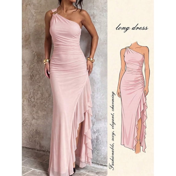 Womens Pink One Shoulder Maxi Dress Ruched Bodycon Long Gown High Slit