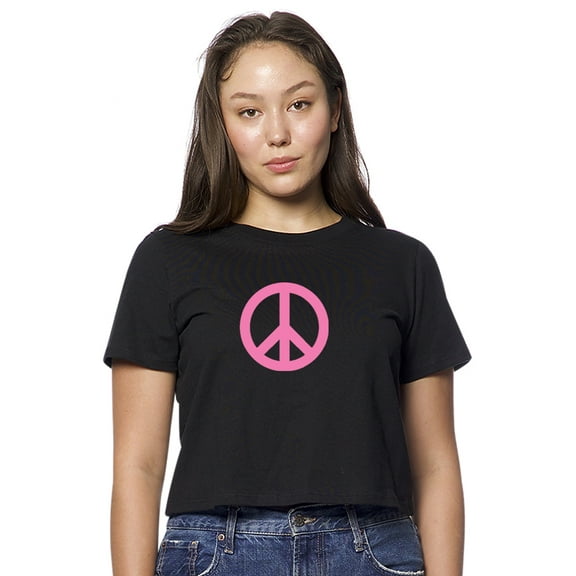 Womens Pink Peace Sign American-Made Cute Cropped Yoga Tee Shirt, Medium Black
