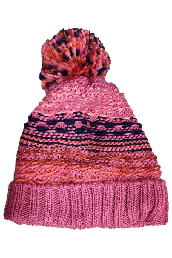 Womens Pink Red & Blue Stripe Pom Beanie Stocking Cap Hat