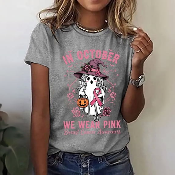 Womens Pink Ribbon Breast Cancer Awareness T-Shirt Angel Wings Pink Ribbon Floral Print Short Sleeve Tops Casual Breast Cancer Graphic Crew Neck Tee