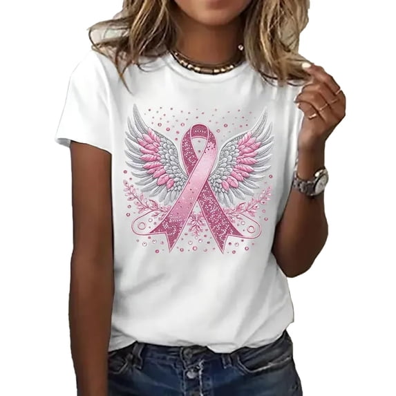 Womens Pink Ribbon Breast Cancer Awareness T-Shirt Angel Wings Pink Ribbon Floral Print Short Sleeve Tops Casual Breast Cancer Graphic Crew Neck Tee