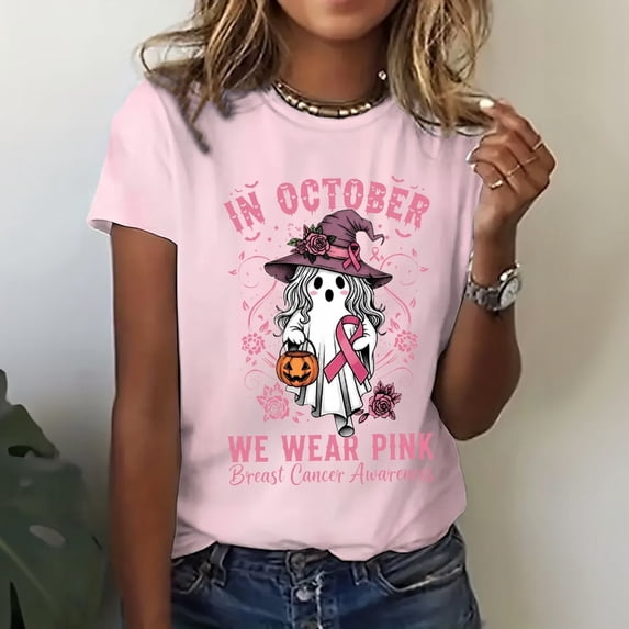 Womens Pink Ribbon Breast Cancer Awareness T-Shirt Angel Wings Pink Ribbon Floral Print Short Sleeve Tops Casual Breast Cancer Graphic Crew Neck Tee