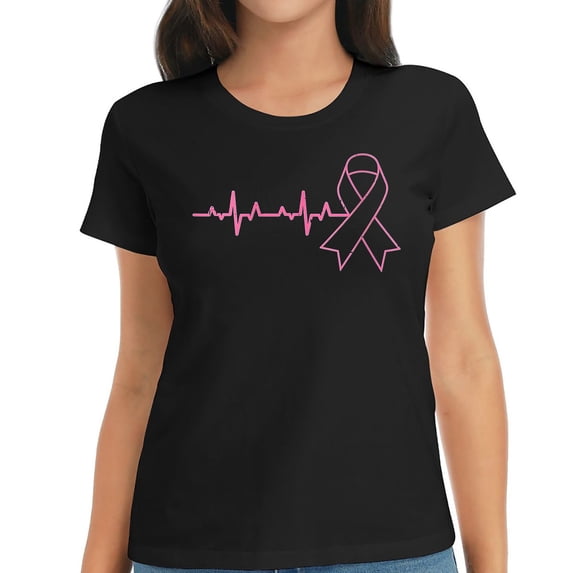Womens Pink Ribbon Heartbeat Cute Breast Cancer Awareness Gifts Round Neck T Shirt Black 2XL