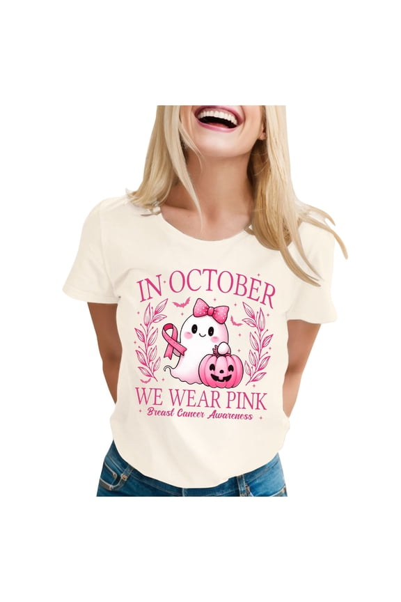 Womens Pink Ribbon T-Shirts Cancer Awareness Ghost Witch Halloween Tees Short Sleeve Crewneck Inspirational Gift Tops