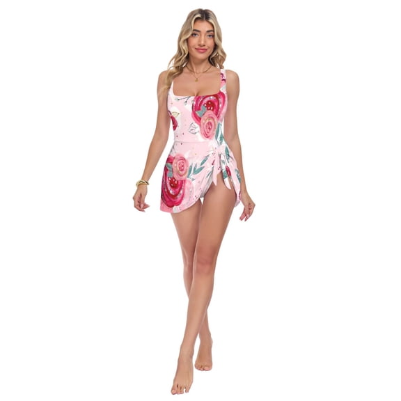 Womens Pink Rose Print 2-in-1 Swim Dress Detachable Skirt One-Piece Swimsuit Square Neck S-XXL