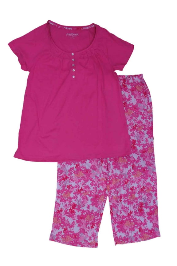 Womens Pink Ruched Lightweight Floral Knit Pajamas Short Sleeve Sleep Set Small