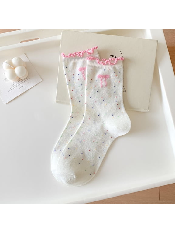 Womens Pink Ruffle Trim Crew Socks with Bow, Cute Speckled Confetti Pattern Everyday Socks, Soft Nylon Spandex