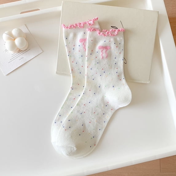 VONCOS Womens Pink Ruffle Trim Crew Socks with Bow, Cute Speckled Confetti Pattern Everyday Socks, Soft Nylon Spandex