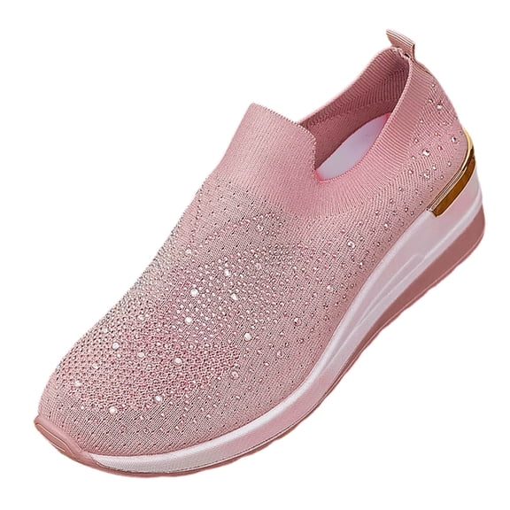 Womens Pink Slip On Sneakers with Sparkling Rhinestones, Platform Casual Walking Shoes | Breathable Mesh & Cushioned Comfort,Size 6