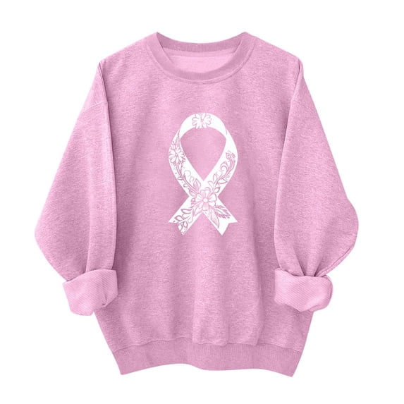 Womens Pink Sweatshirt Crewneck Breast Cancer Awareness Sweatshirts Long Sleeve Heart Ribbon Print Pullover Tops (L, Pink 02)