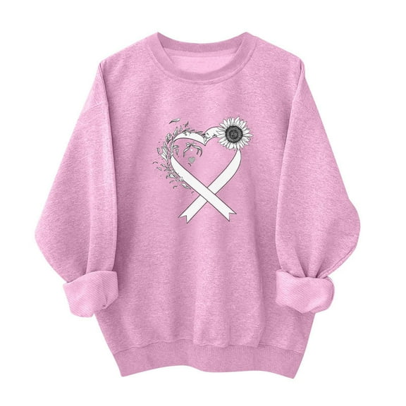 Womens Pink Sweatshirt Crewneck Breast Cancer Awareness Sweatshirts Long Sleeve Heart Ribbon Print Pullover Tops (S, Pink 03)