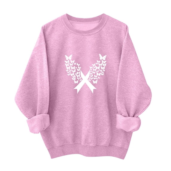 Womens Pink Sweatshirt Crewneck Breast Cancer Awareness Sweatshirts Long Sleeve Heart Ribbon Print Pullover Tops (XL, Pink 04)