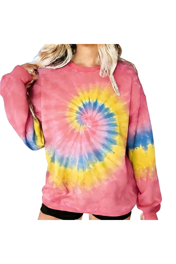 Womens Pink Tie Dye Sweatshirt | Oversized 90s Retro Spiral Pattern | Soft Stretch Crewneck Casual Long Sleeve Loungewear Top,Size XL
