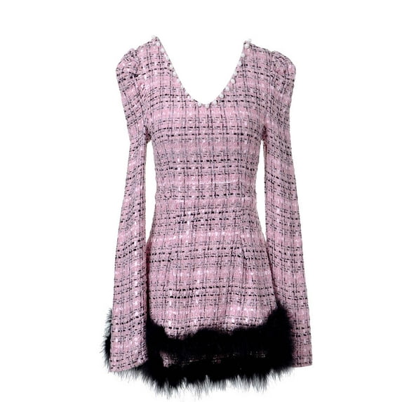 Womens Pink Tweed Faux Fur Pearl V Neck Long Sleeve Mini Dress