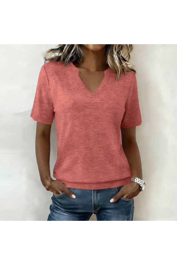 Womens Pink V Neck Relaxed Fit T Shirt - Short Sleeve Heather Casual Top, Polyester Blend Basic Tee S-XXL,Size S