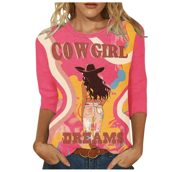 Womens Pink Vintage Western Cowgirl Horse Print T Shirt Retro Cowboy Desert Pattern V Neck Long Sleeve Tee Cute Tops