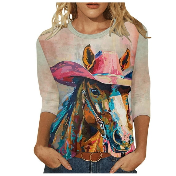 Womens Pink Vintage Western Cowgirl Horse Print T Shirt Retro Cowboy Desert Pattern V Neck Long Sleeve Tee Cute Tops