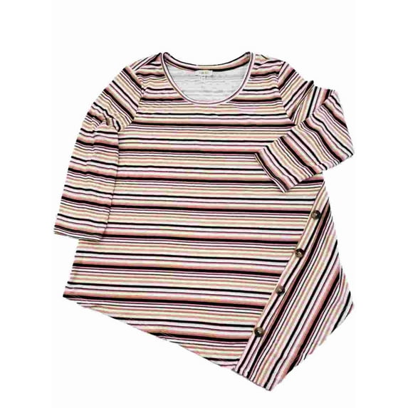 Womens Pink White Black Stripe Asymmetrical Hem Long Sleeve Shirt T-Shirt Top 1X