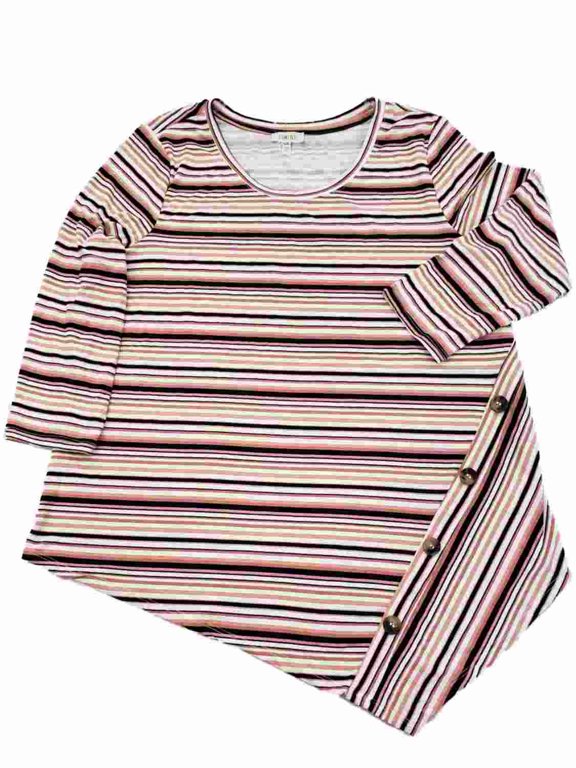 Womens Pink White Black Stripe Asymmetrical Hem Long Sleeve Shirt T-Shirt Top 1X
