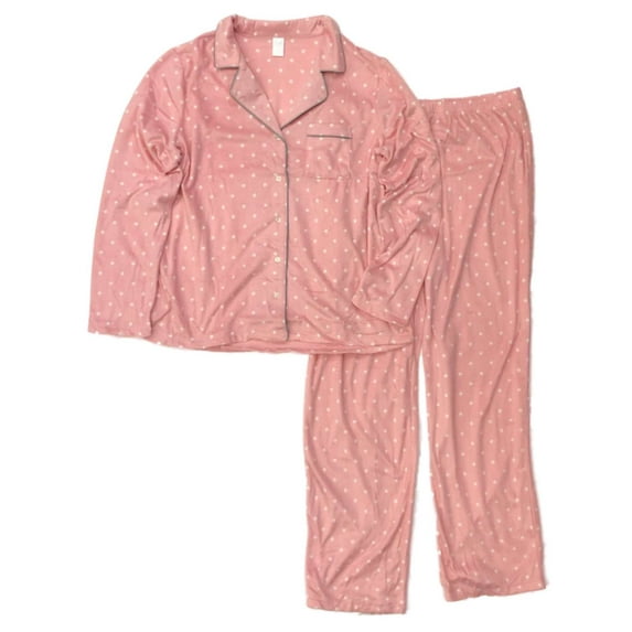 Womens Pink & White Polka Dot Fleece Pajamas Button Front Sleepwear Set 2X
