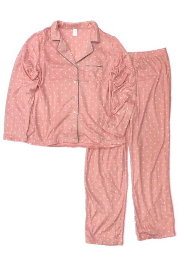 Womens Pink & White Polka Dot Fleece Pajamas Button Front Sleepwear Set Large
