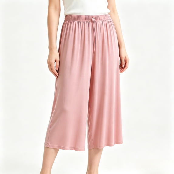 Women's Wide Leg Capri Pants, Pink, Soft Modal Blend Elastic Waist Casual Lounge Pants, Size L