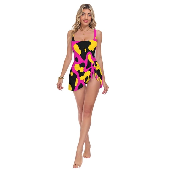 Womens Pink Yellow Cow Pattern Print 2-in-1 Swim Dress Detachable Skirt One-Piece Swimsuit Square Neck S-XXL