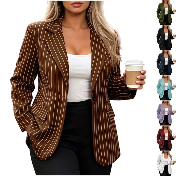 Womens Pinstripe Business Casual Blazer Long Sleeve Notch Lapel Collar One Button Suit Jacket Sport Coat with Flap Pockets for Work Office Interview, Brown, XL